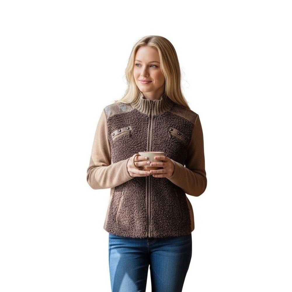 Tribal Brown Sherpa Mixed Media Sweater Jacket Studded Boho Western Zip Up Sz 2